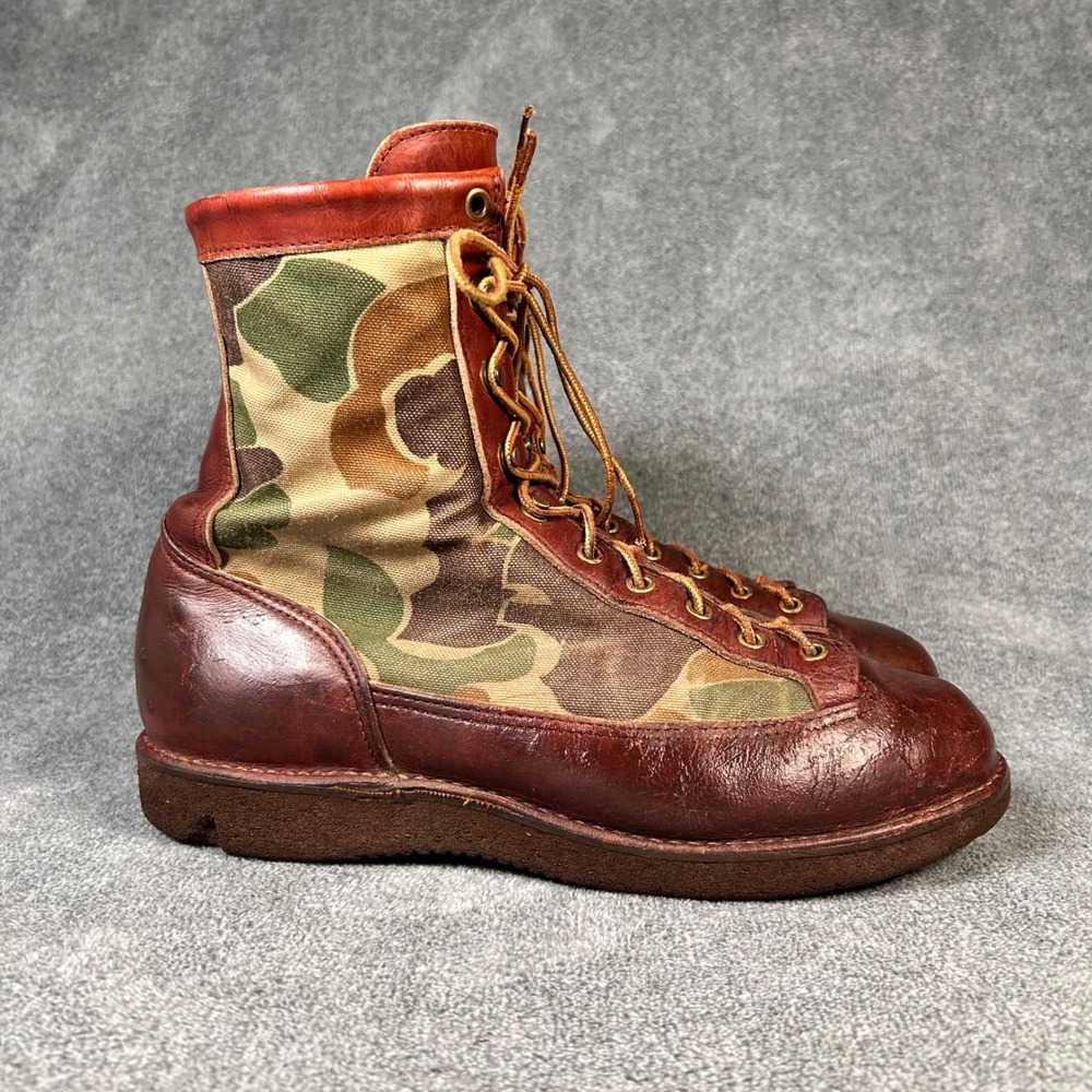 VTG Danner Boots Camo Hunting 8278 Mens 9 D Brown Leather Canvas Vibram Sole